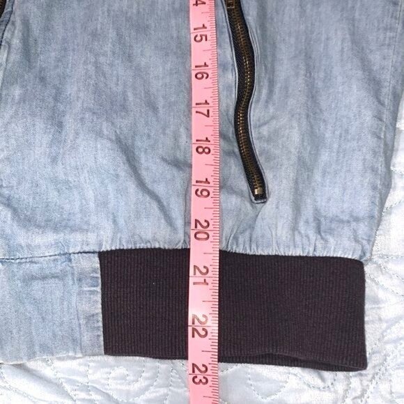 Say What? Denim Bomber Jacket With Patches & Ribbed Trim - Picture 6 of 8